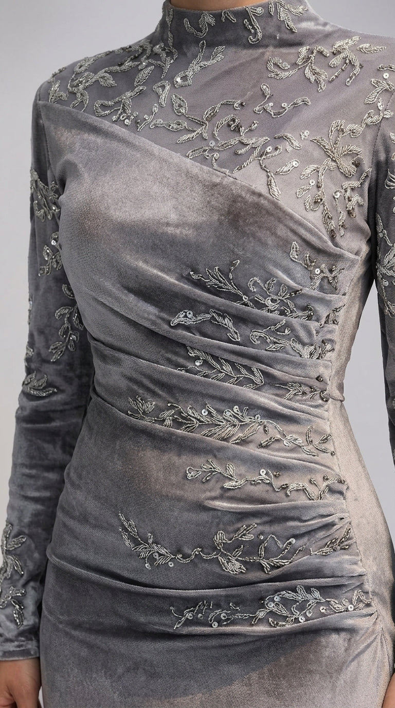 Ruched Shimmer Long Sleeve Maxi Dress