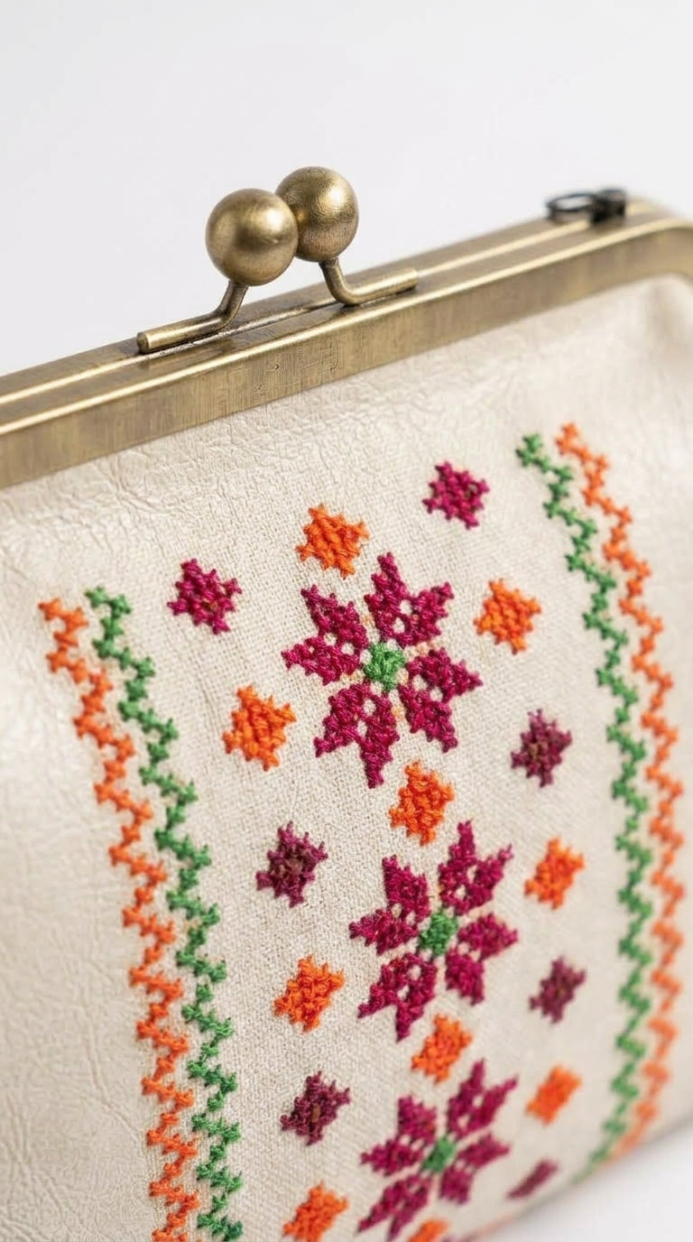 Ivory Kiss-Lock Clutch with Floral Cross-Stitch