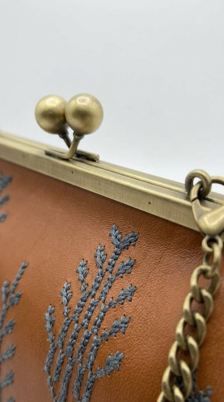 Cognac Kiss-Lock Bag with Blue Palm Embroidery