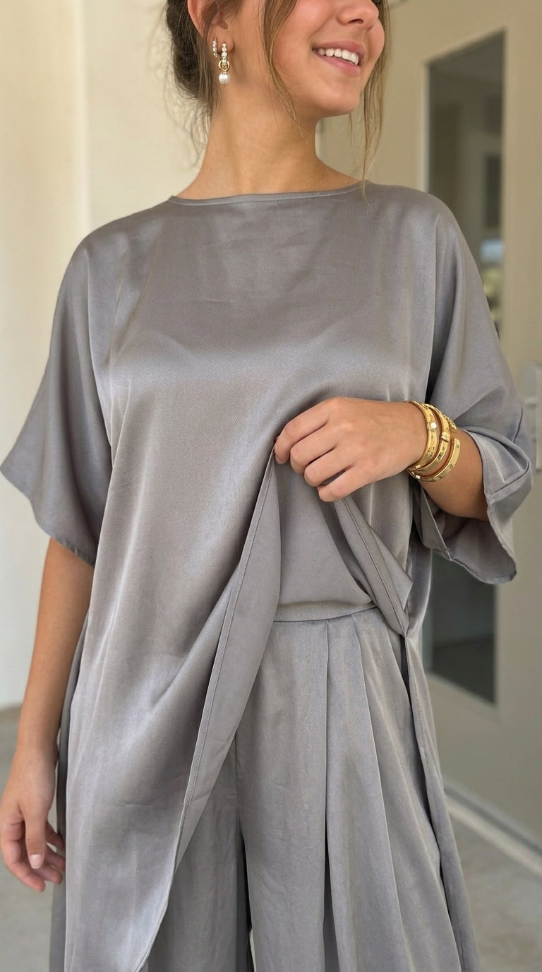 Asymmetrical Satin Tunic & Matching Pants Set