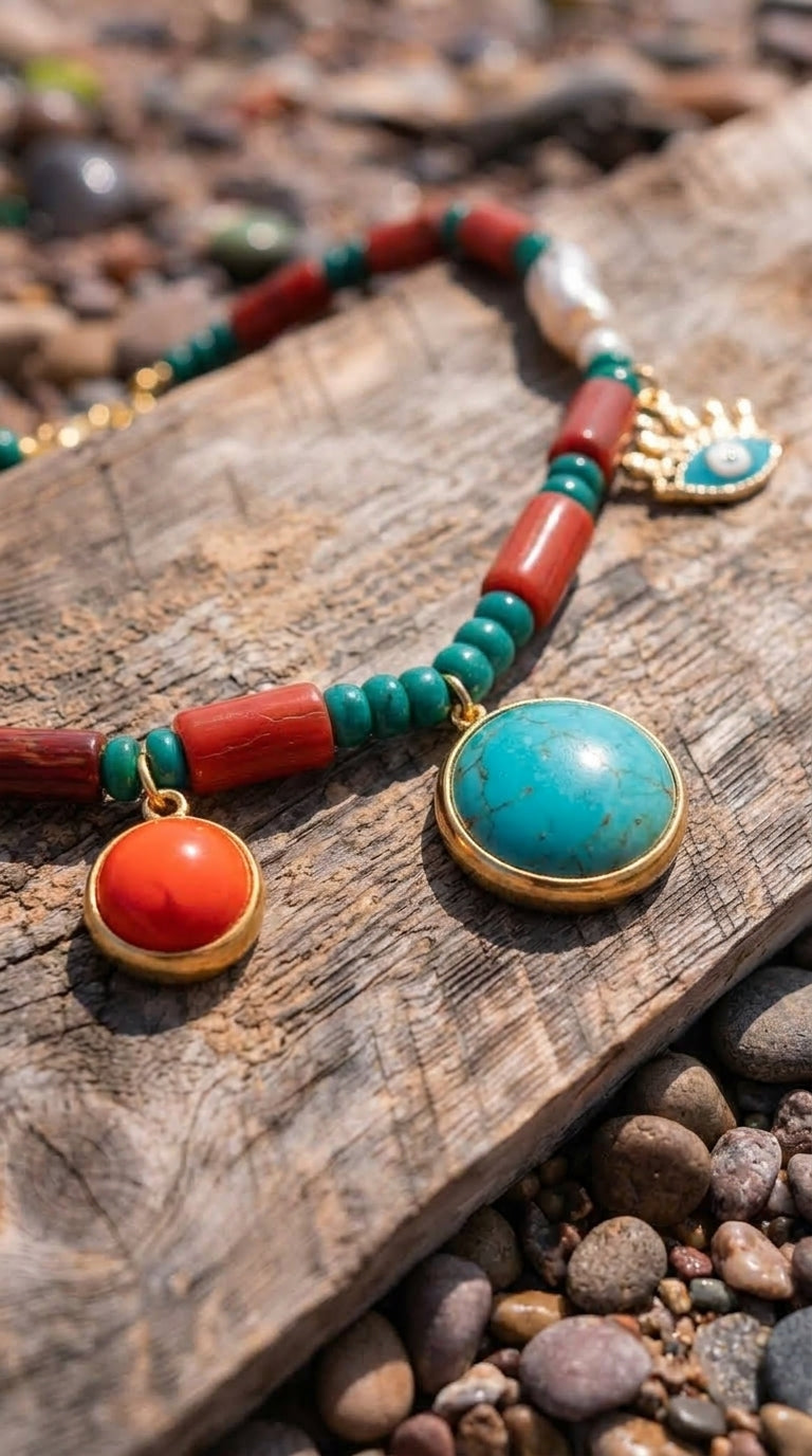 Red Coral, Malachite, Pearl & Turquoise Statement Necklace – Murjan Collection