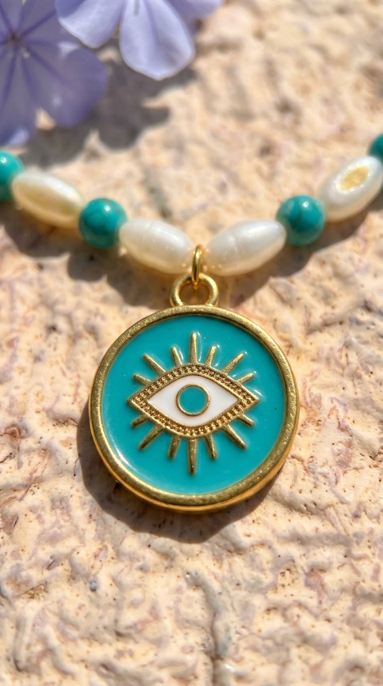 Pearl & Turquoise Evil Eye Medallion Necklace