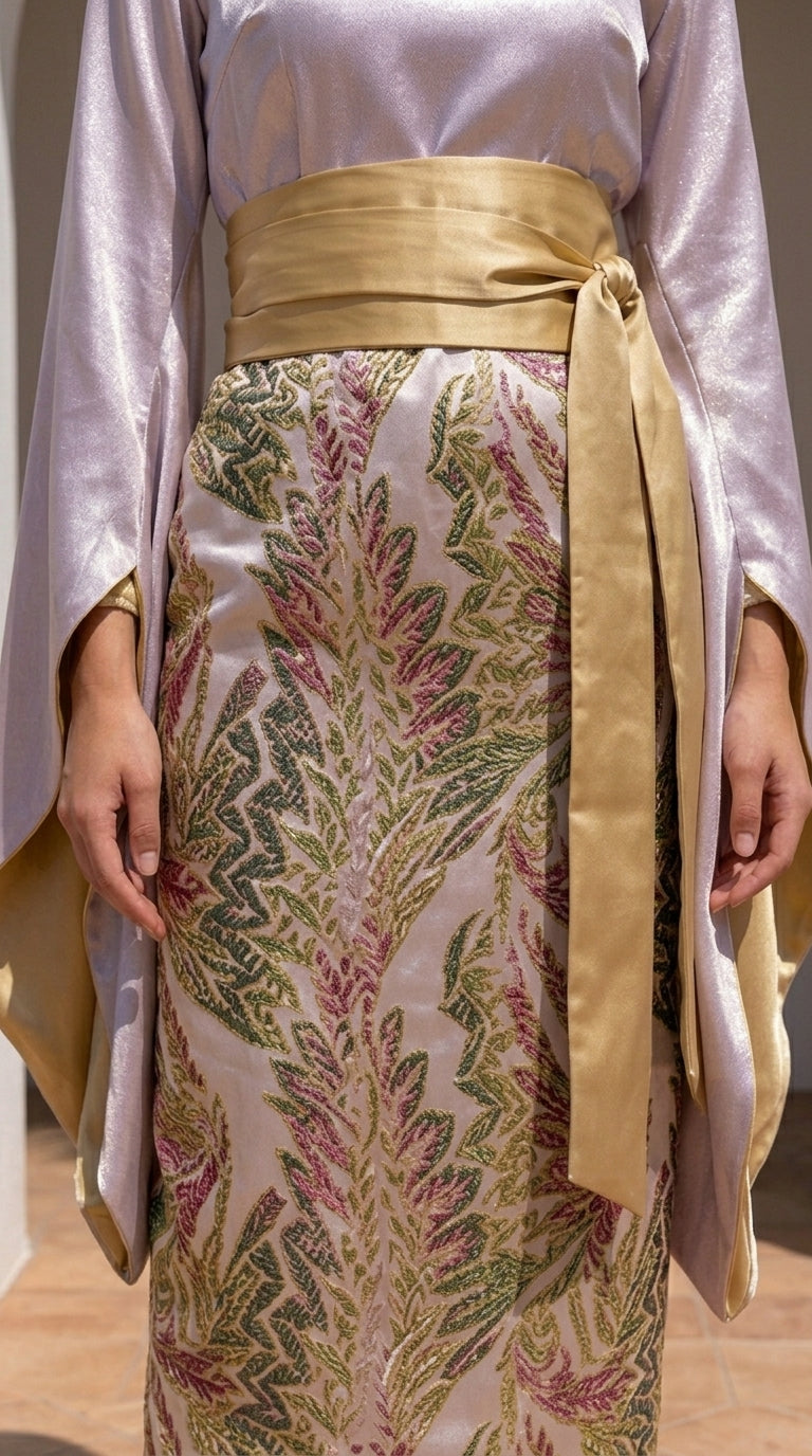 Satin Patterned Caftan Dress with Wide Belt