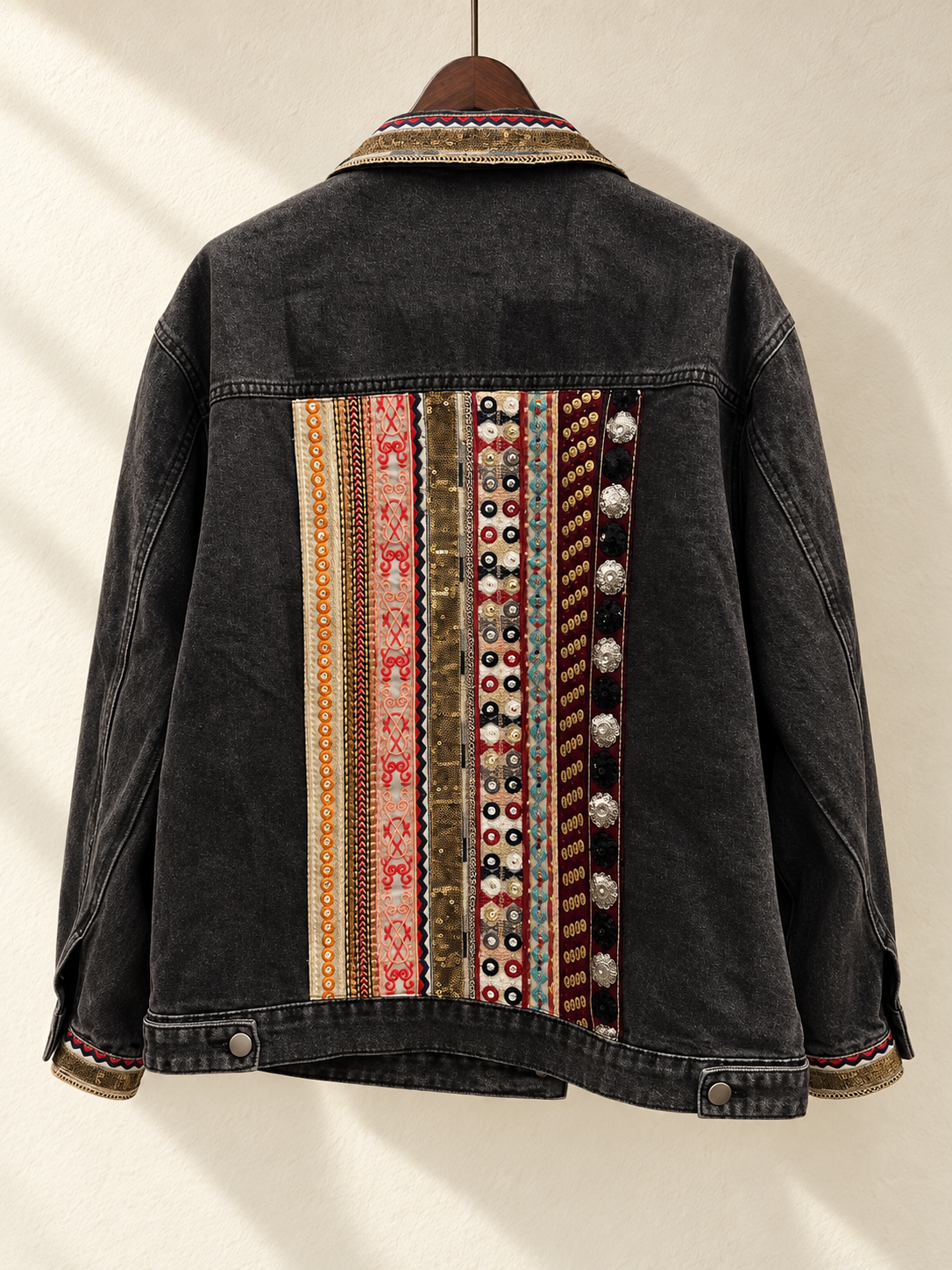Black Denim Jacket with Beaded Embroidered Back Panel — back view on wooden hanger