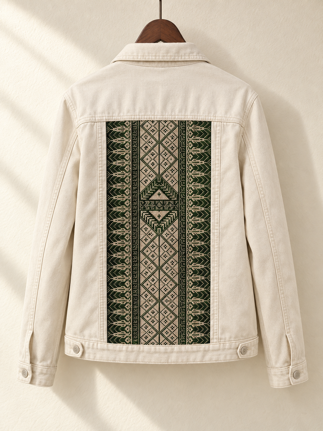 Cream Denim Jacket with Green Embroidered Back Panel — back view on wooden hanger