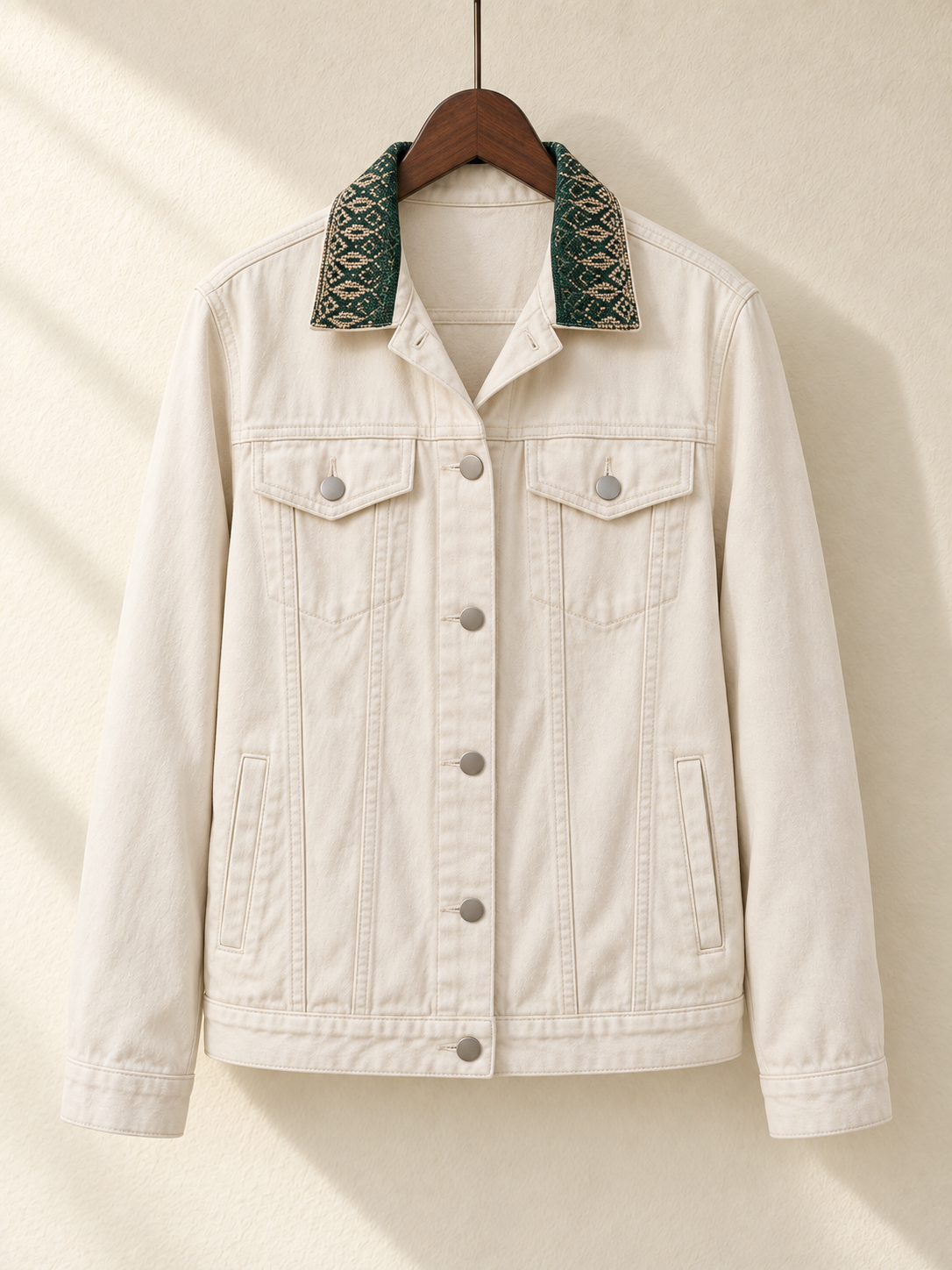 Cream Denim Jacket with Green Embroidered Back Panel — front view on wooden hanger