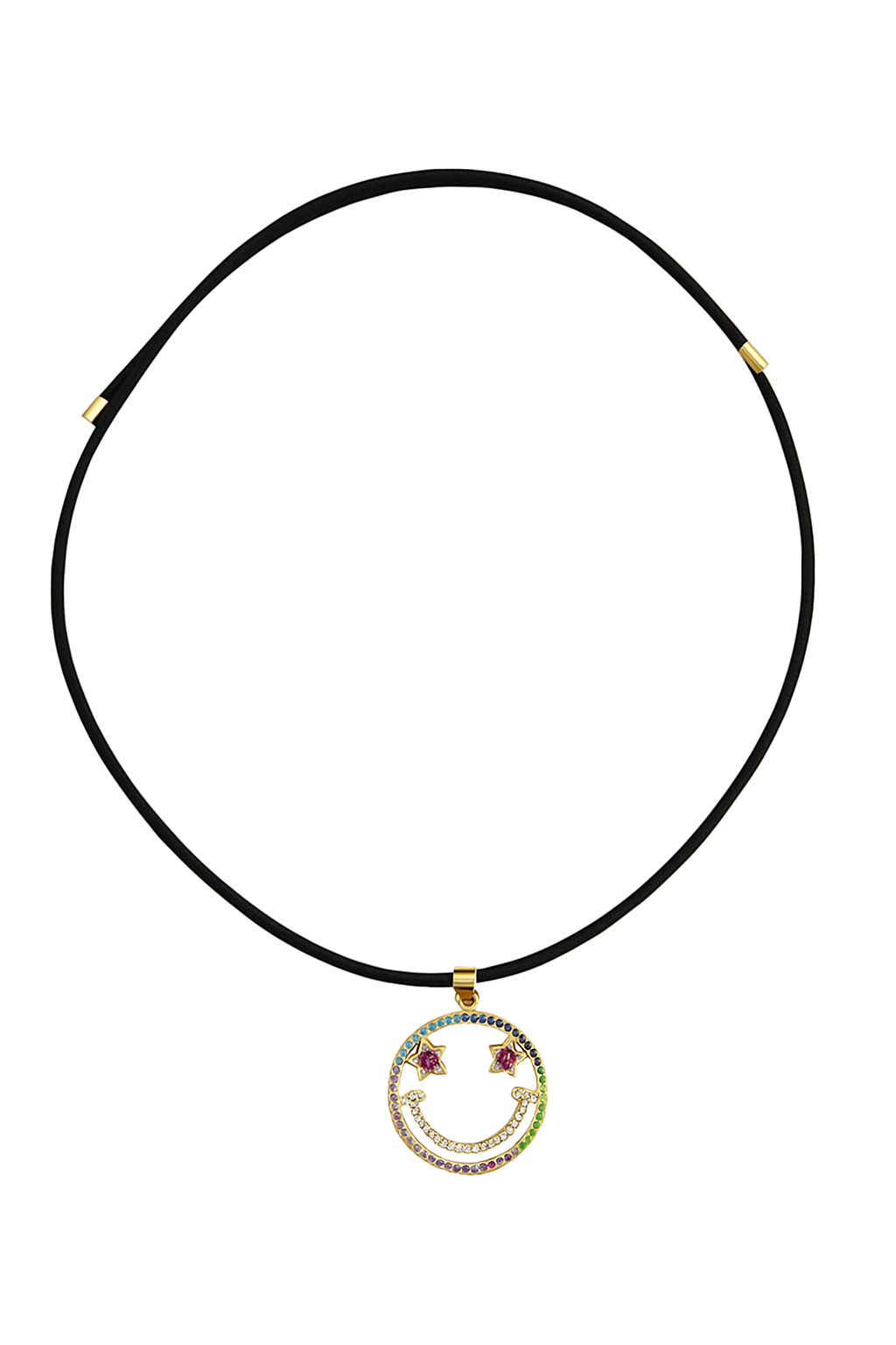 Black cord necklace with a smiley face pendant on a white background