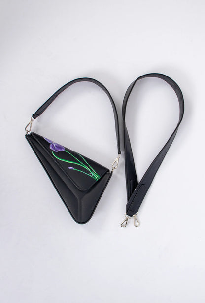 Black triangular pouch with a strap on a white background