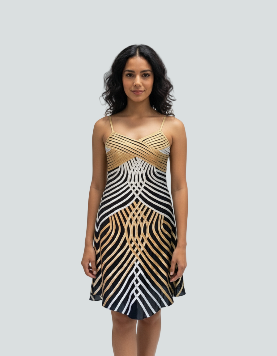 Woman wearing a dress with a geometric pattern on a plain background