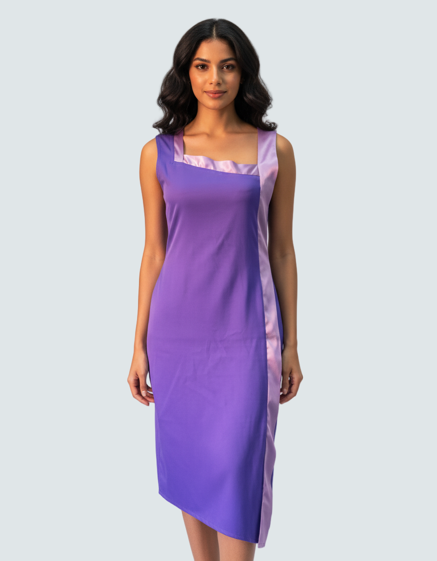 Woman wearing a purple dress with a gradient design on a white background