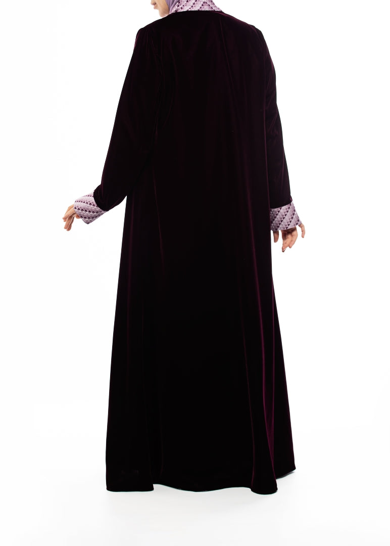 Deep Plum Hand-Embroidered Velvet Abaya