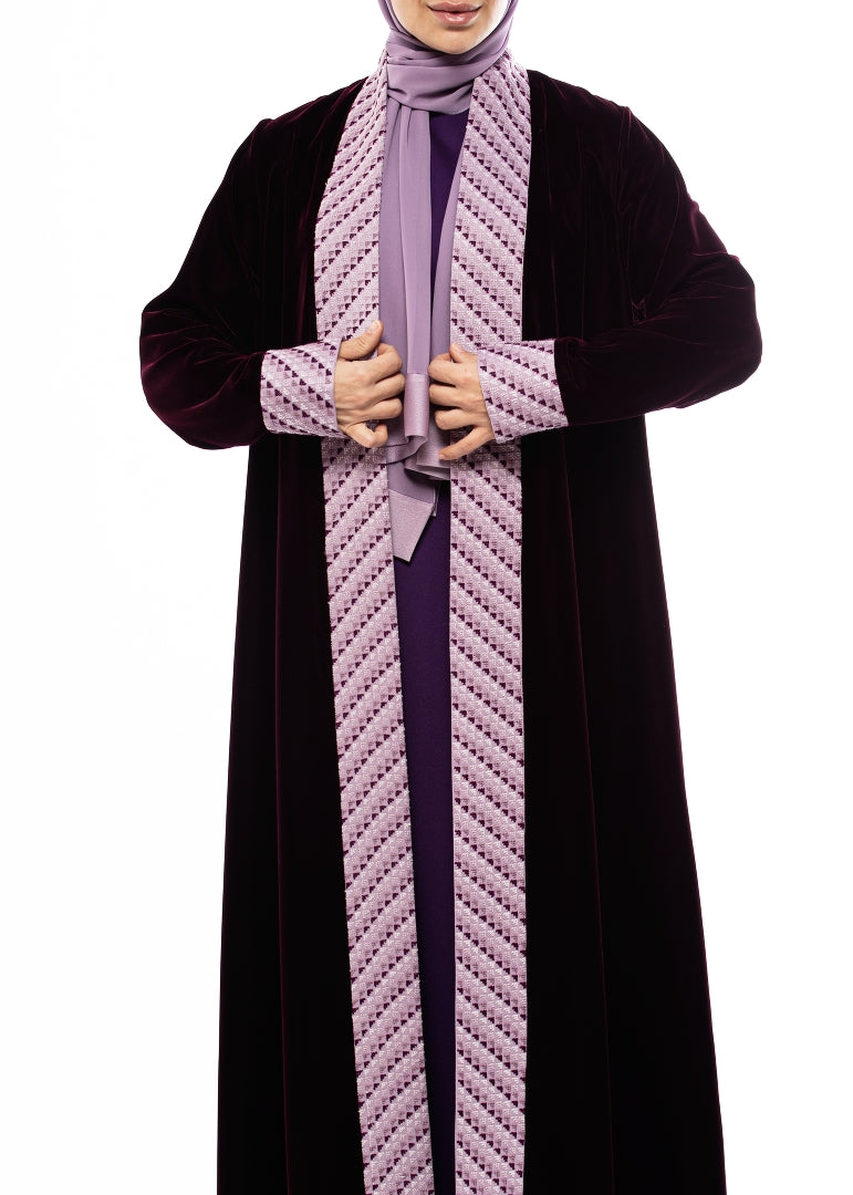 Deep Plum Hand-Embroidered Velvet Abaya