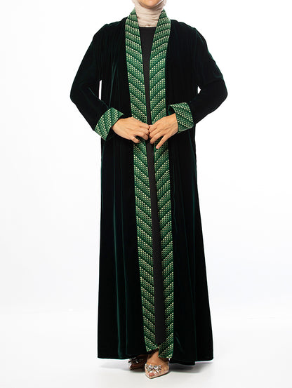 Olive Green Hand-Embroidered Velvet Abaya