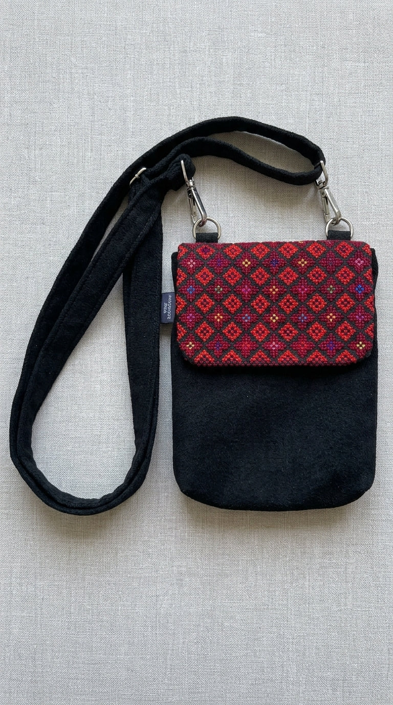 Yara Design Black Denim Red Embroidered Phone Wallet