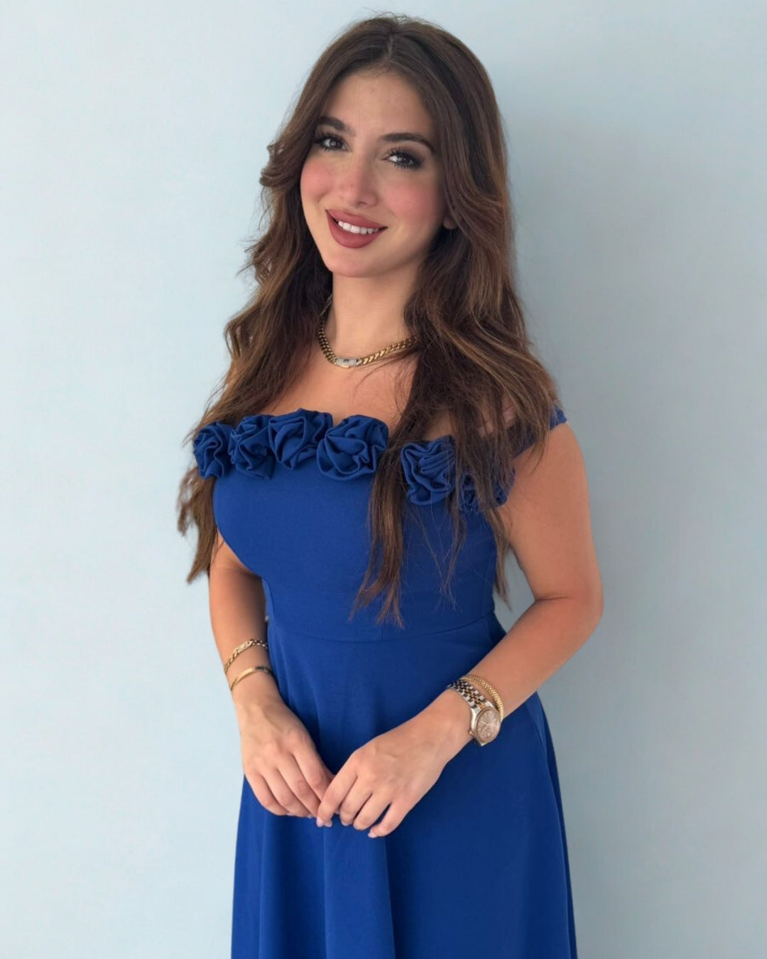 Glam Off-Shoulder Rose Midi Dress