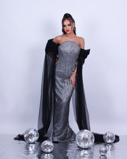 Black Tulle Sleeve & Silver Pleated Bodycon Dress