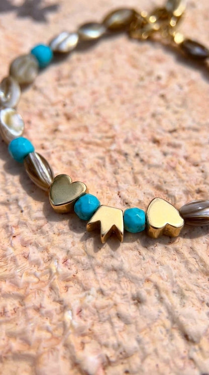 Mother of Pearl & Turquoise Heart Charm Bracelet
