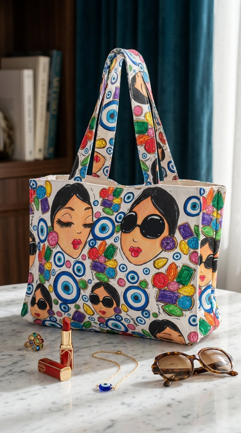Colorful tote bag with artistic design of faces and patterns on a surface with accessories.