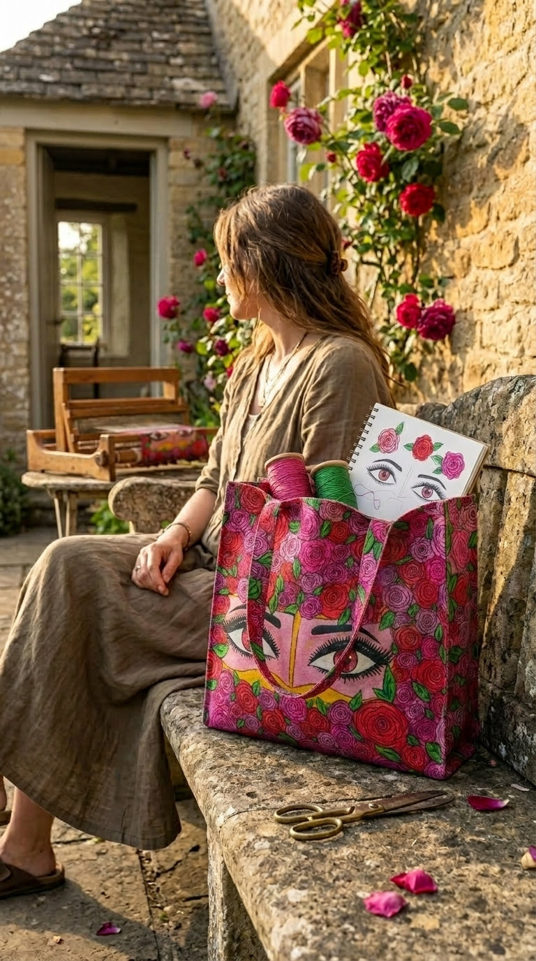 Woman sitting outdoors with a colorful bag featuring a face design.