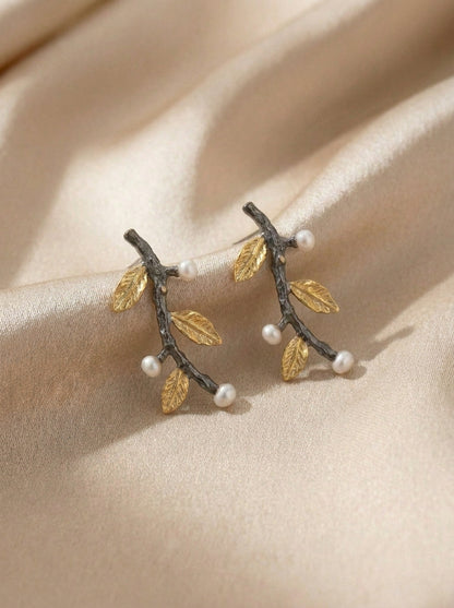 Textured Olive Branch Drop Earrings with Pearls