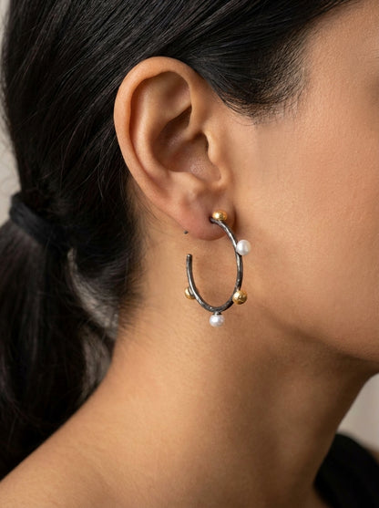 Textured Vine Hoop Earrings with Pearls and Gold Beads