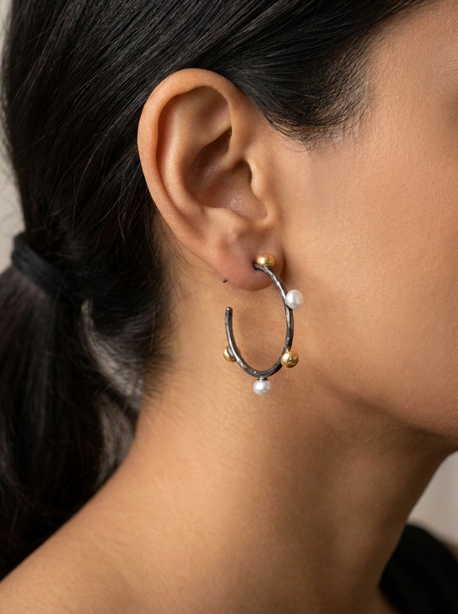 Textured Vine Hoop Earrings with Pearls and Gold Beads