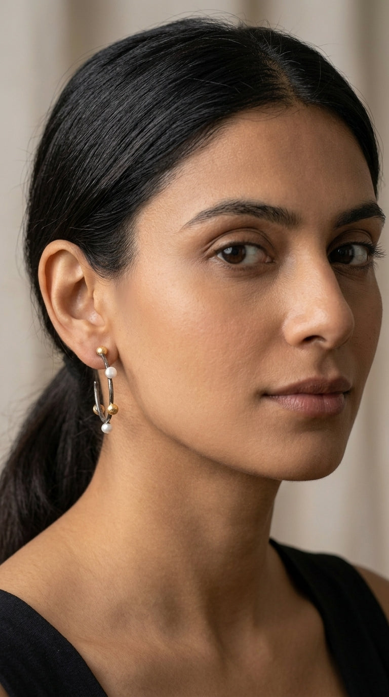 Textured Vine Hoop Earrings with Pearls and Gold Beads