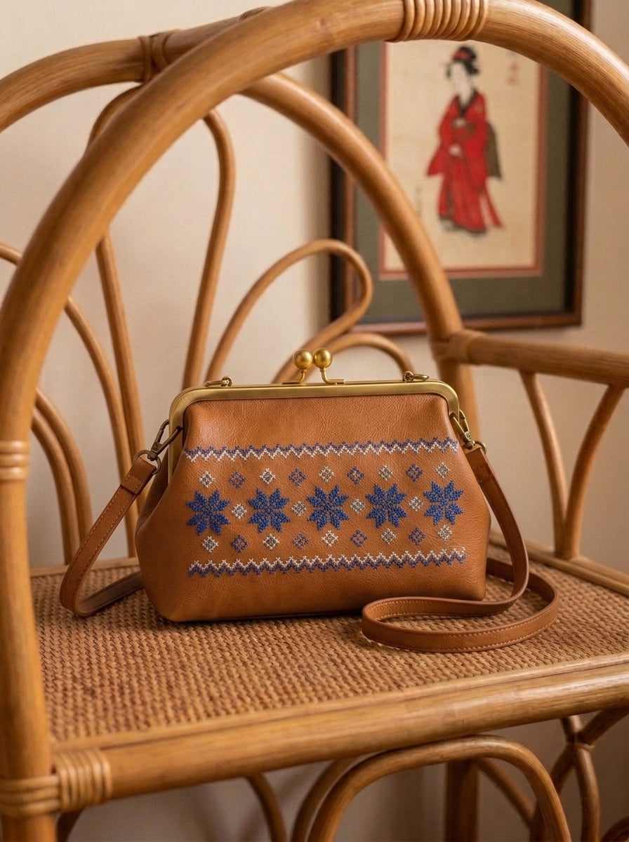 Folk-Art Tan Leather Embroidered Kiss-Lock Bag