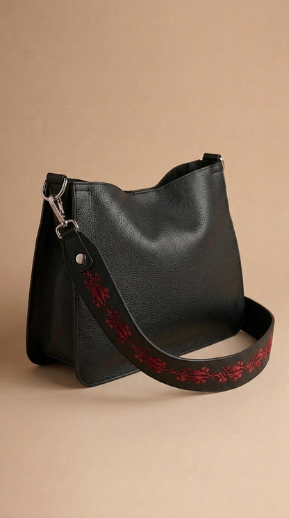 Minimalist black Leather Shoulder Bag with Embroidered Strap