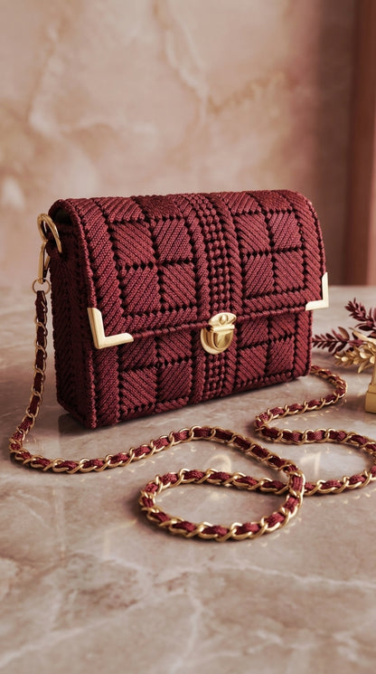 A burgundy woven quilted handbag with gold-tone hardware and a matching chain strap, displayed on a beige marble surface.