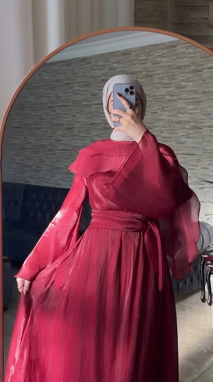 Ruffled Organza Dress – Crimson Red