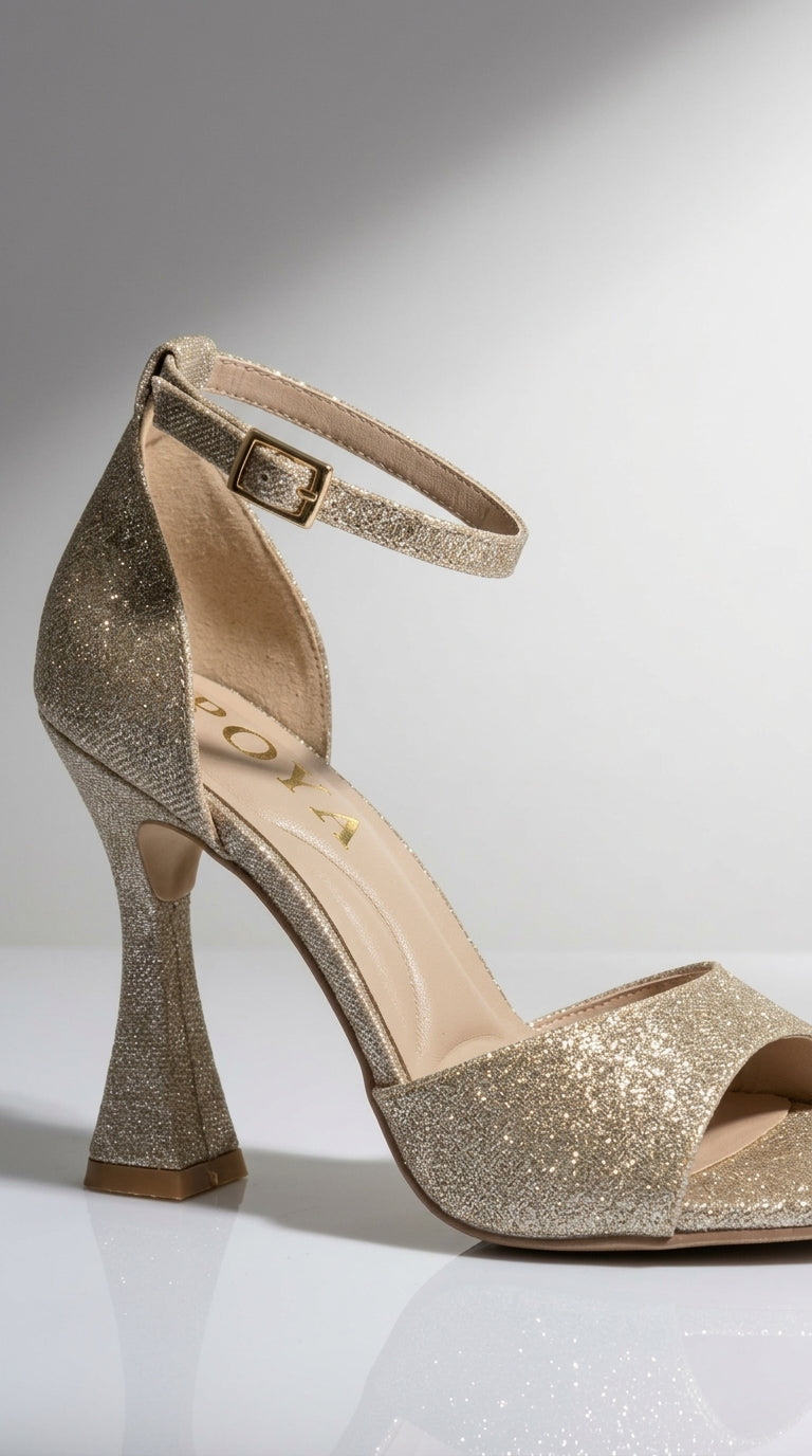 ROYA Champagne Gold Glitter Pointed-Toe Ankle-Strap Heels