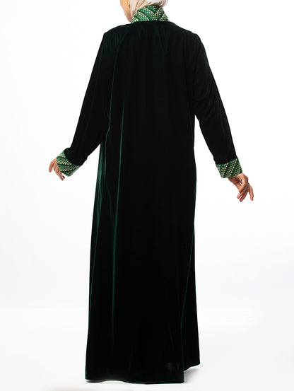 Olive Green Hand-Embroidered Velvet Abaya