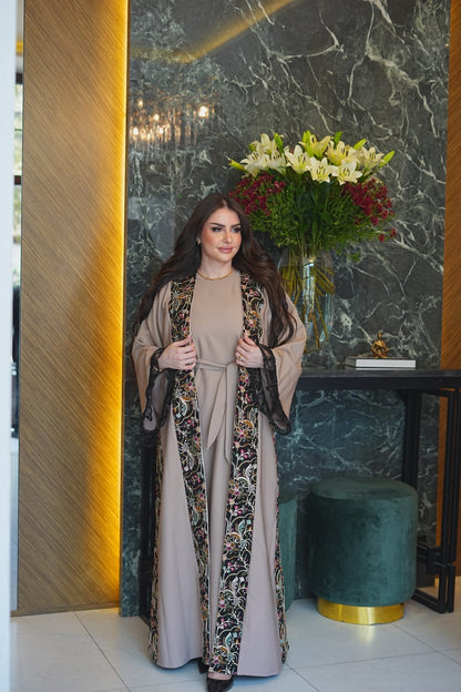 Taupe Embroidered Open Abaya