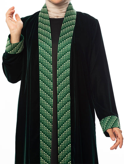 Olive Green Hand-Embroidered Velvet Abaya