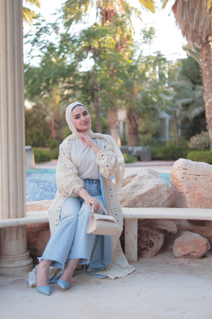 Beige Abaya with Celestial Blue Panel
