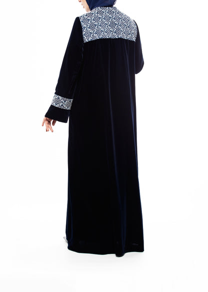 Navy Blue Hand-Embroidered Velvet Abaya
