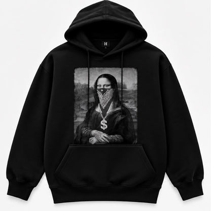 Black pullover hoodie shown from the front and back on a light gray background. The front features a large rectangular black-and-white graphic print on the chest depicting a reimagined Mona Lisa with a dollar sign for a mouth.