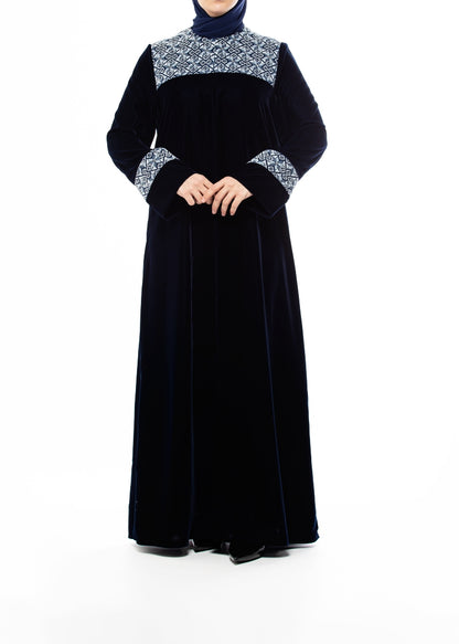 Navy Blue Hand-Embroidered Velvet Abaya