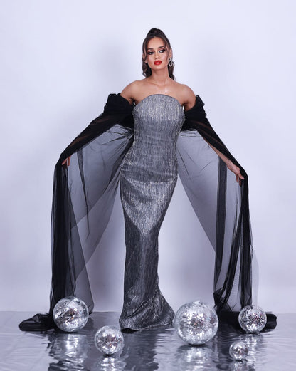 Black Tulle Sleeve & Silver Pleated Bodycon Dress