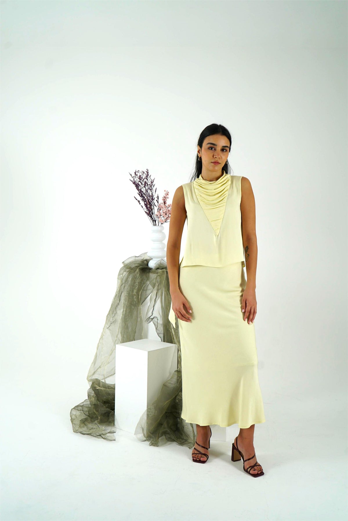 Shanbar Asymmetric Top – Draped Summer Rayon in Butter Yellow