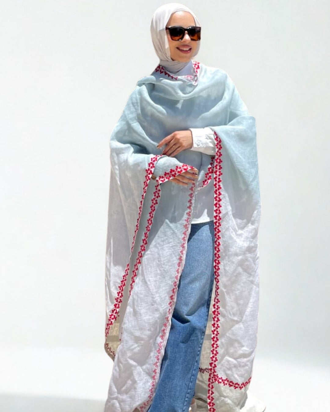 The Coastal Wave Linen Cape: Sky &amp; Crimson