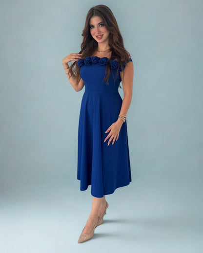 Glam Off-Shoulder Rose Midi Dress