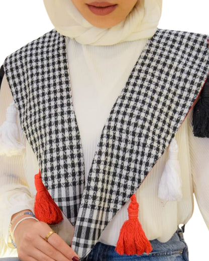 Person wearing a black and white checkered scarf with red tassels on a white background