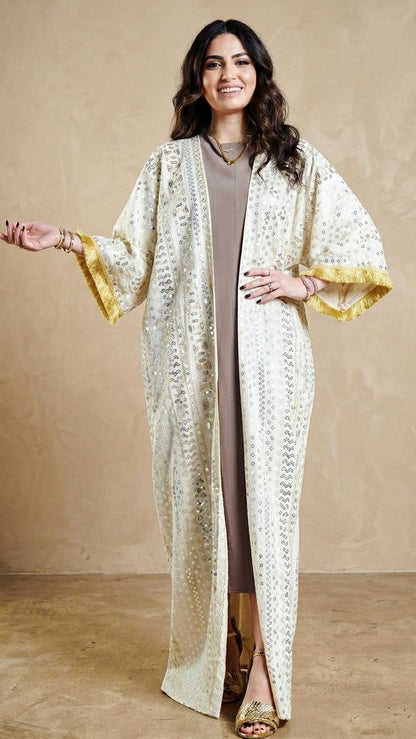 Off-White Embroidered Abaya with Golden Fringe