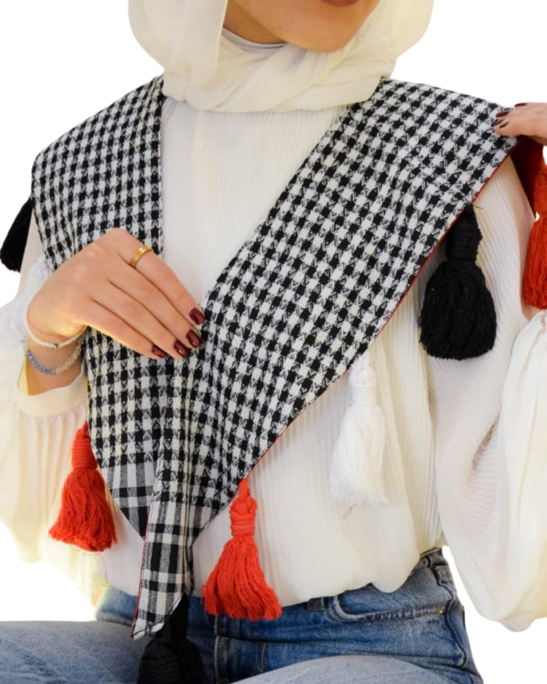 Person wearing a black and white checkered scarf with red tassels on a white background