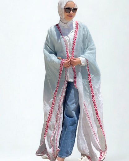 The Coastal Wave Linen Cape: Sky &amp; Crimson