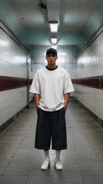 Person wearing a white t-shirt and black pants standing in a tiled hallway.
