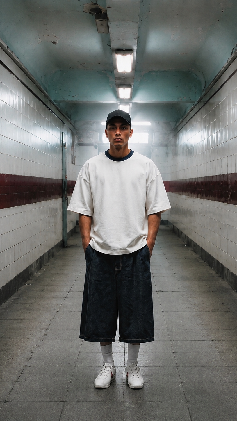 Person wearing a white t-shirt and black pants standing in a tiled hallway.