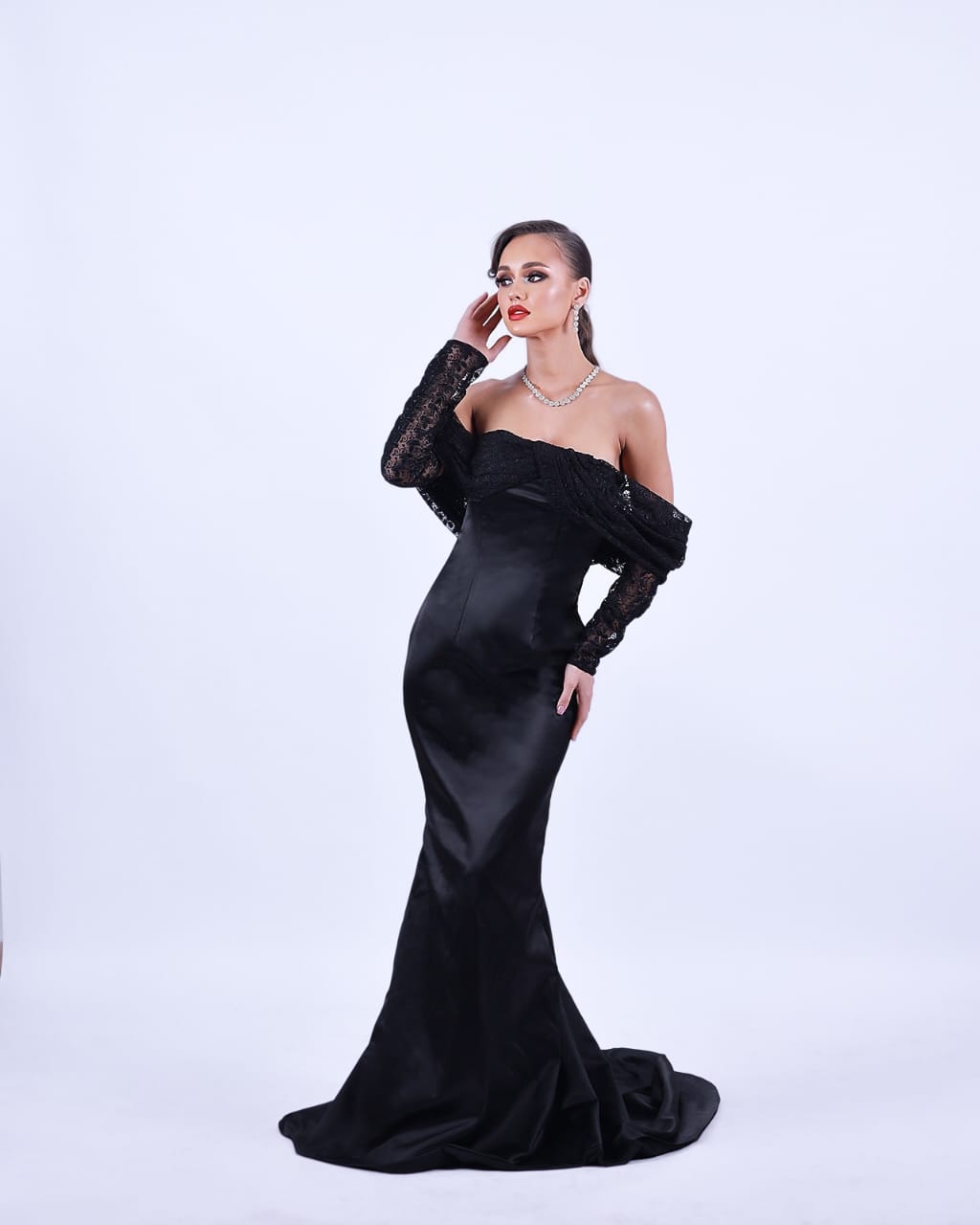 Black Off-Shoulder Mermaid Dress with Hand-Embroidered Tulle